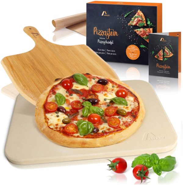 Amazy Pietra refrattaria per pizza da forno, incl. Pala in bamb??, Carta da forno riutilizzabile e Ricettario ?CPietra pizza dal sapore italiano (38x30x1,5cm) - immagine 7