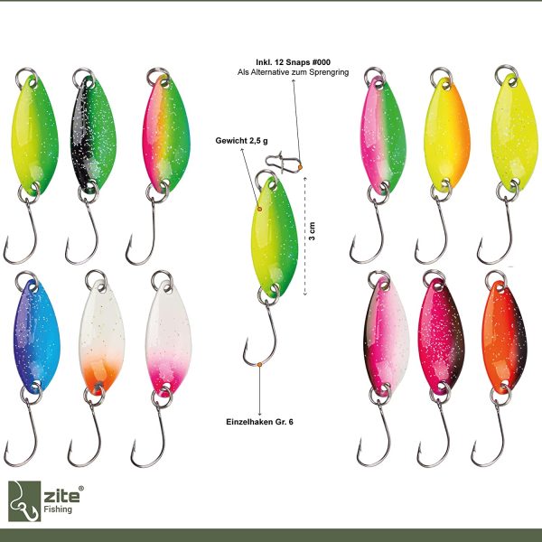 Zite Fishing Kit di Cucchiaini Pesca Spinning Trota - 12 Trout Spoons in Scatola - Dorso Colorato Esche Artificiali 2,5g - immagine 6