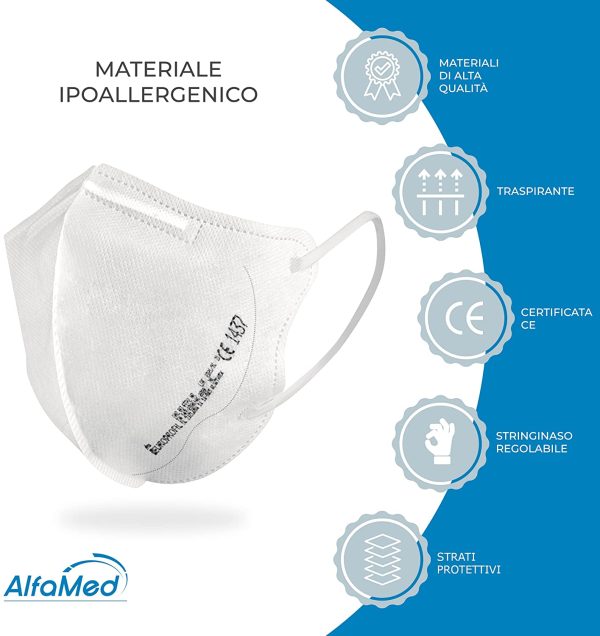 ALFAMED 20 Mascherine ffp2 Small Size TAGLIA PICCOLA S, FFP2 Piccole Small Sicure E Certificate CE 1437, Imbustate Singolarmente