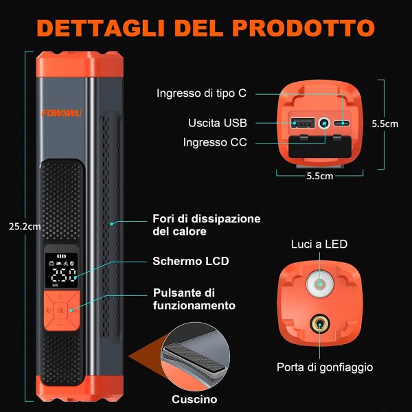 FOWAWU 6000mAh Compressore Aria Portatile Auto 150PSI,Mini Compressore Portatile Gonfiatore Auto Pompa Pneumatica con Schermo LCD Cavo DC 12V Torcia LED Power Bank per Auto Moto Biciclette Palloni - immagine 2