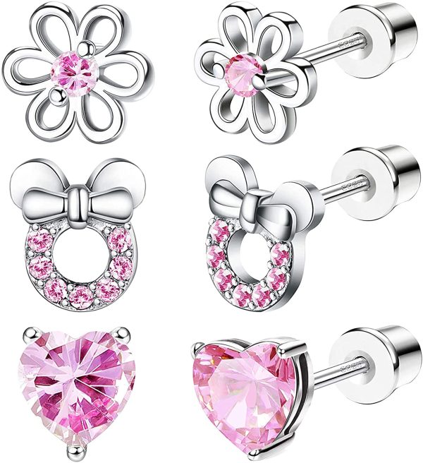 CASSIECA 3 Paia Kids Orecchini in Argento Sterling per Bambini Ragazze Orecchini Pinker CZ Orecchini Cuore Orecchino Zircone Orecchini Margherita Orecchini Ipoallergenico Orecchini Set - immagine 4