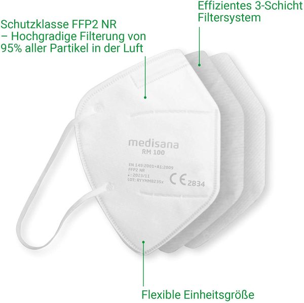 Medisana FFP2 Maschera di Protezione Respiratoria, Maschera Antipolvere RM 100, 10 pezzi, in Sacchetto PE con Clip, Certificato CE2834, EU 2016/425, Testato T??V - immagine 8