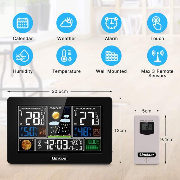 Umitive Stazione Meteo con 3 Sensore Esterno Interno, Meteorologica Display a Colori con Allarme, Temperatura, umidit??, Data, Barometrico, Previsioni di Tempo, Sveglia e Fase Lunare - immagine 2