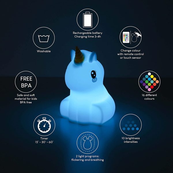 Luce Notturna Bambini con Telecomando e Sensore Tattile 16 Colori -  | Lampada Notturna per Bambini con Timer | Lucina Notturna Bambini Silicone BPA Free | Unicorno Lampada Bambini Notturna - immagine 5