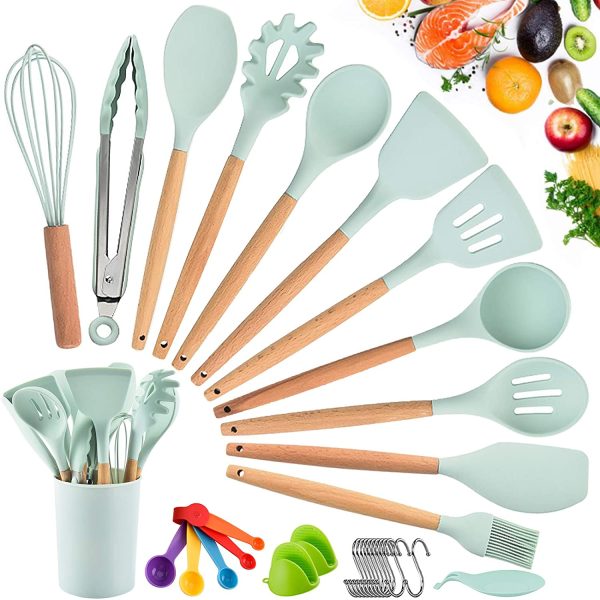 Set di Utensili da Cucina in Silicone, Resistente al Calore Antiaderenti Utensili da Cucina in Silicone 33 Pezzi, Antiaderente Strumento di Cottura Termoresistenti Professionali(verde) - immagine 2