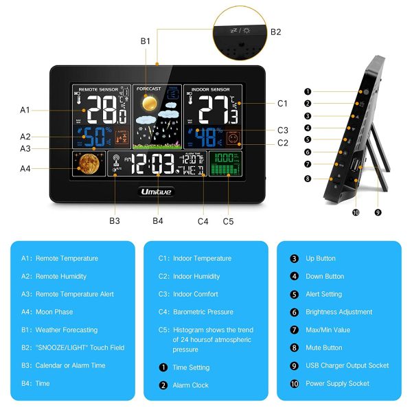 Umitive Stazione Meteo con 3 Sensore Esterno Interno, Meteorologica Display a Colori con Allarme, Temperatura, umidit??, Data, Barometrico, Previsioni di Tempo, Sveglia e Fase Lunare - immagine 5