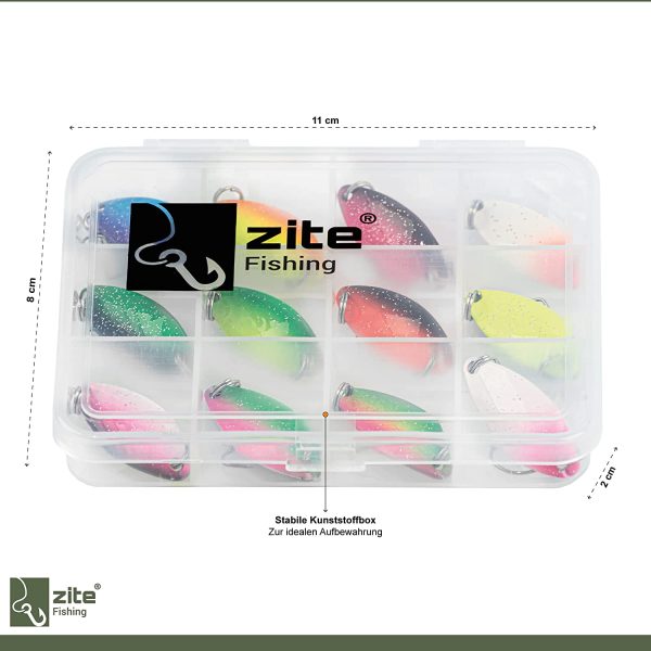 Zite Fishing Kit di Cucchiaini Pesca Spinning Trota - 12 Trout Spoons in Scatola - Dorso Colorato Esche Artificiali 2,5g - immagine 3