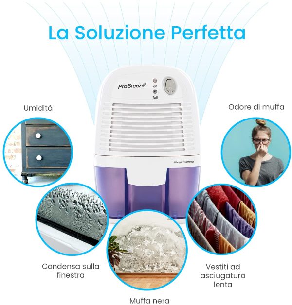 Deumidificatore D'Aria Mini Compatto, Silenzioso e Portatile, 500ml, per Muffa e Umidit??, ideale per Casa, Cucina, Camera da letto, Camper, Ufficio, Garage, Bagno e Cantina - immagine 3