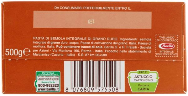 Barilla Pasta Mezze Penne Rigate Integrali, Pasta Corta di Semola Integrale di Grano Duro, Integrale, 500 g - immagine 3