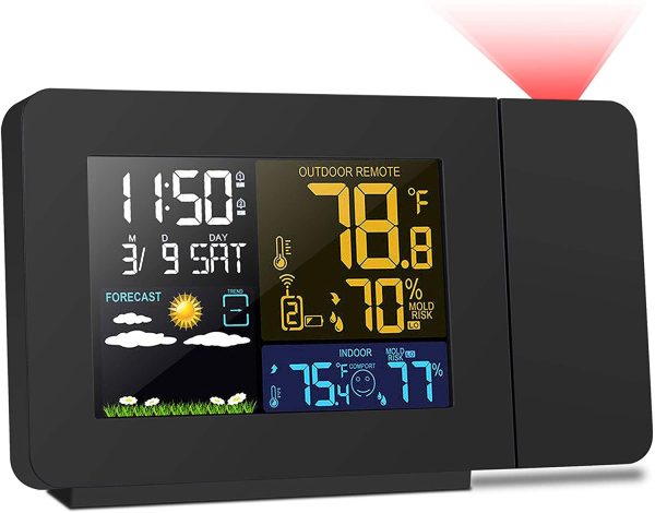 Orologio Proiezione Soffitto Temperatura Esterna Interna con Sensore Esterno, Previsioni Stazione Meteo Sveglia Proiettore Dimmerabile 2-Allarmi LCD Display di Calendario Temperatura umidit?? - immagine 5