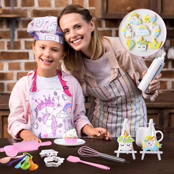 Anpro 27 Pezzi Set da Cucina per Bambini, Unicorno Set di Chef Gioco di Utensili Bambini da Accessori, Cuoco Cappello Utensili da Cucina Mitt, Ideale Regalo di Compleanno e Natale, 3-7 Anni ?? - immagine 4