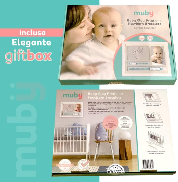 MUBY, CORNICE IMPRONTE NEONATO mani e piedi e PORTA BRACCIALI DI NASCITA |3 Passepartout inclusi| Idea Regalo nascita e battesimo bambino e bambina, Cornice da Tavolo e da Parete, Kit impronte neonato - immagine 2