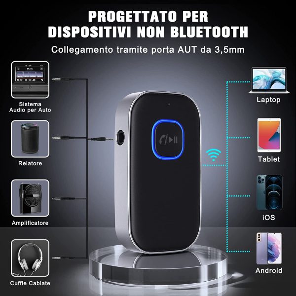 Ricevitore Bluetooth 5.0, Cancellazione del Rumore Adattatore Aux Bluetooth, Bluetooth Auto Aux per Stereo Casa, Cuffie Cablate, Chiamate in Vivavoce (16 Ore di Riproduzione/Dual Link) - immagine 5