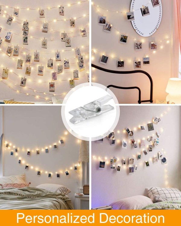 Luci Per Foto, 5M 50LED Lucine Led Decorative Per Camere Filo Per Foto Con Mollette Luci Led Foto Clip Filo Appendi Foto 30 Clip Luci Decorative Interno Per Matrimonio Compleanno Bianca Caldo - immagine 4