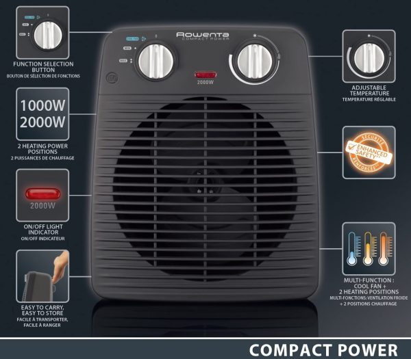 Rowenta SO2210 Compact Power Termoventilatore Potente e Compatto, Riscalda e Raffredda Gli Ambienti, Ottimo per Qualsiasi Stagione, 2000 W, 220 V, Nero - immagine 8