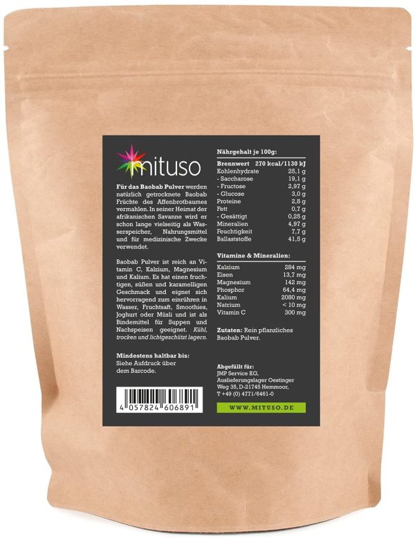 polvere di baobab biologico mituso, 1 confezione (1 x 500g)