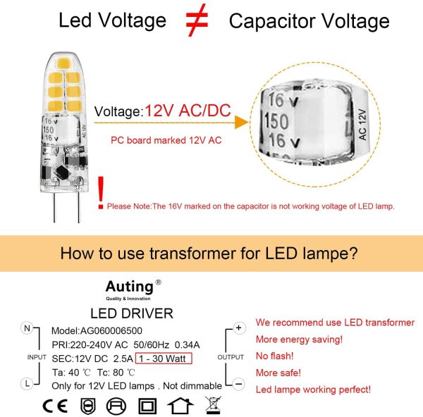 G4 LED 12V Lampadine, 2W Equivalente a 20W Lampada Alogena,Bianco Caldo 3000K,200LM,Nessun Sfarfallio,Non Dimmerabile,Confezione da 10 Pezzi