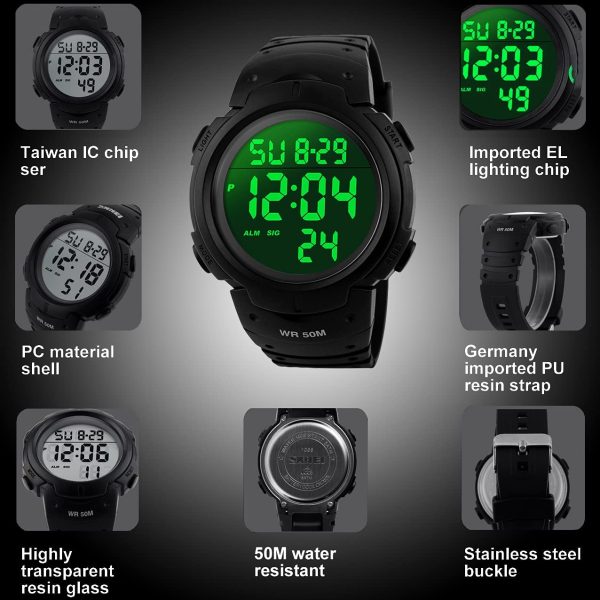 VDSOW orologio da uomo sportivo digitale, orologio da esterni, impermeabile, con sveglia e timer, militare, con retroilluminazione a LED, adatto a corridori, colore nero - immagine 5