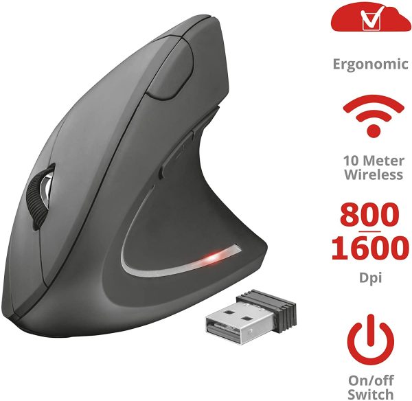 Verto Mouse Verticale Wireless, Mouse Ergonomico senza Filo, 800/1200/1600 DPI, Microricevitore USB, 2.4GHz, 6 Pulsanti per PC, Computer, Portatile, Mac - Nero - immagine 10