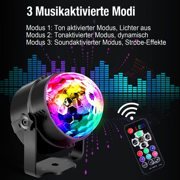 Luci Discoteca, 7 RGB Colori Musica Attivata Luce Discoteca Palla con 4 M Cavo USB, Telecomando, Rotazione a 360?? Lampada da Discoteca per Natale, Feste, Bar, Club, Car, Regalo per Bambini - immagine 7