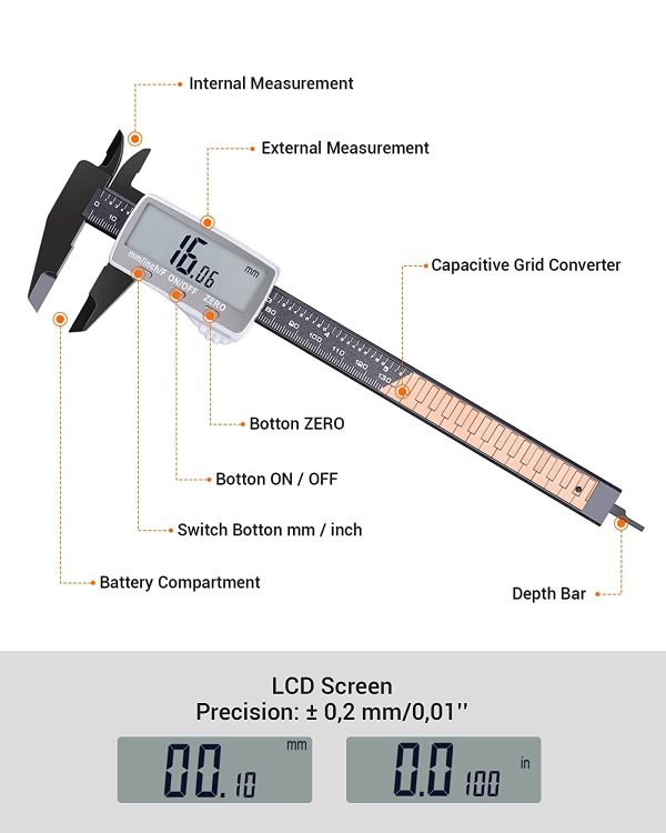 Calibro digitale, ENGiNDOT 6 pollici/150mm Calipers Measuring Tool Micrometer con grande display LCD, calibro digitale Vernier con conversione Mm/Inch, Precisione regolabile, DC01 - immagine 6