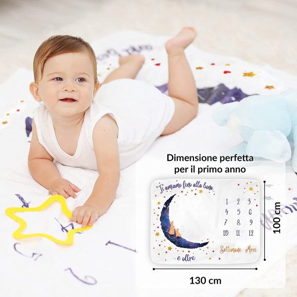 Coperta Mesi Neonato in Italiano | Tappeto Mesi Neonato Per Maschio O Femmina, Unisex | Regalo Personalizzato Festa Nascituro | Tema Luna | Morbida e Spessa | Copertina Mesi Neonato | Cornici Incluse - immagine 3