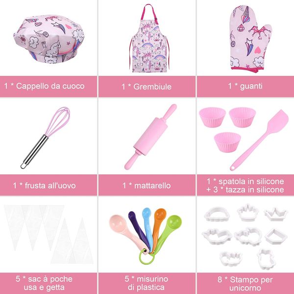 Anpro 27 Pezzi Set da Cucina per Bambini, Unicorno Set di Chef Gioco di Utensili Bambini da Accessori, Cuoco Cappello Utensili da Cucina Mitt, Ideale Regalo di Compleanno e Natale, 3-7 Anni ?? - immagine 2