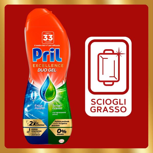 Pril Excellence Duo Gel, Detersivo in Gel, Azione Sciogligrasso, Formato da 3 Confezioni da 33 Lavaggi - immagine 6