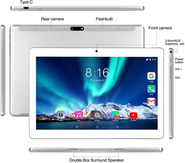 Tablet 10 Pollici 8 Core-  Android 10.0 Certificato da Google GMS Tablet 4G LTE,4 GB di RAM e 64 GB, Doppia SIM,GPS,WiFi,Ttastiera Bluetooth,Mouse,Custodia per Tablet e Altro Incluso - Silver - immagine 5