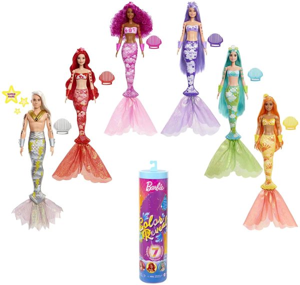 Barbie Sirena Color Reveal - Bambola Sirena Arcobaleno - Copertura Blu Metallizzata - Effetto Cambia Colore - 7 Sorprese - Regalo per Bambini 3+ Anni - immagine 2