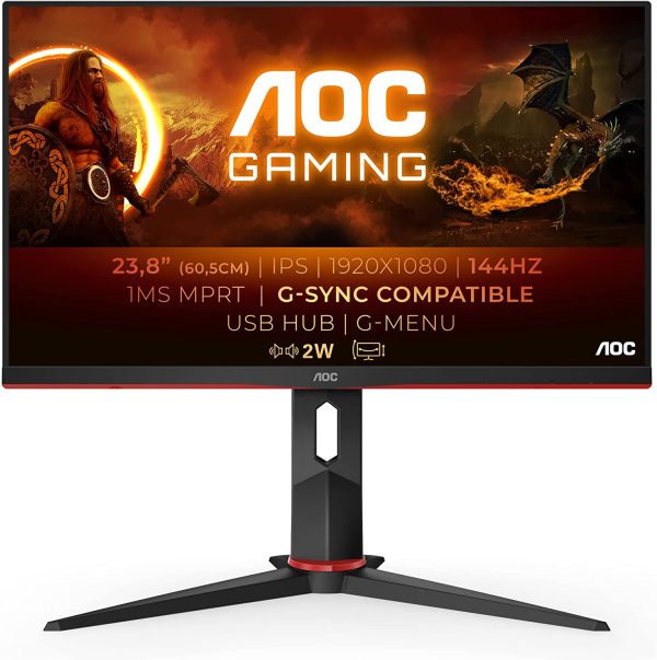 AOC 24G2U/BK Monitor da Gaming Flat 23.8" IPS, Frameless, FHD 1920 x 1080 a 144 Hz, Tempo di Risposta 1 msec/MPRT, 2 x HDMI, 1 DP, 4 x USB, Speaker, Regolabile in Altezza, FreeSync, Nero/Rosso - immagine 2