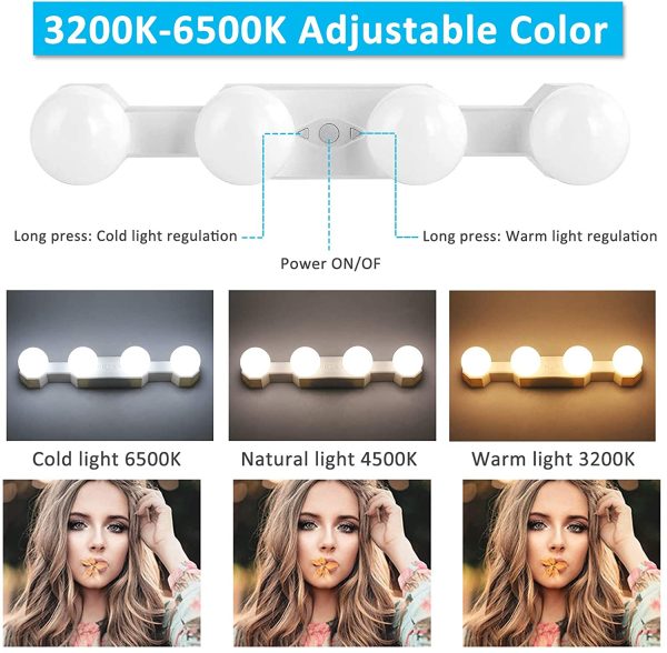 Luci LED Specchio Ricaricabile senza Fili con Interruttore, 4 Lampadine LED stile Hollywood, 3 Colori e 5 Luminosit??, Lampada da Trucco Specchio Adesive Ventosa per Make Up - immagine 4