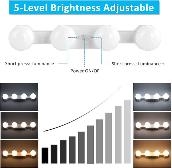 Luci LED Specchio Ricaricabile senza Fili con Interruttore, 4 Lampadine LED stile Hollywood, 3 Colori e 5 Luminosit??, Lampada da Trucco Specchio Adesive Ventosa per Make Up - immagine 2