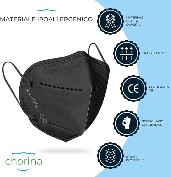 CHERINA 50 Mascherine FFP2 Nere Certificate CE, Imbustate Singolarmente, Mascherina ffp2 Nera Premium Quality - immagine 2