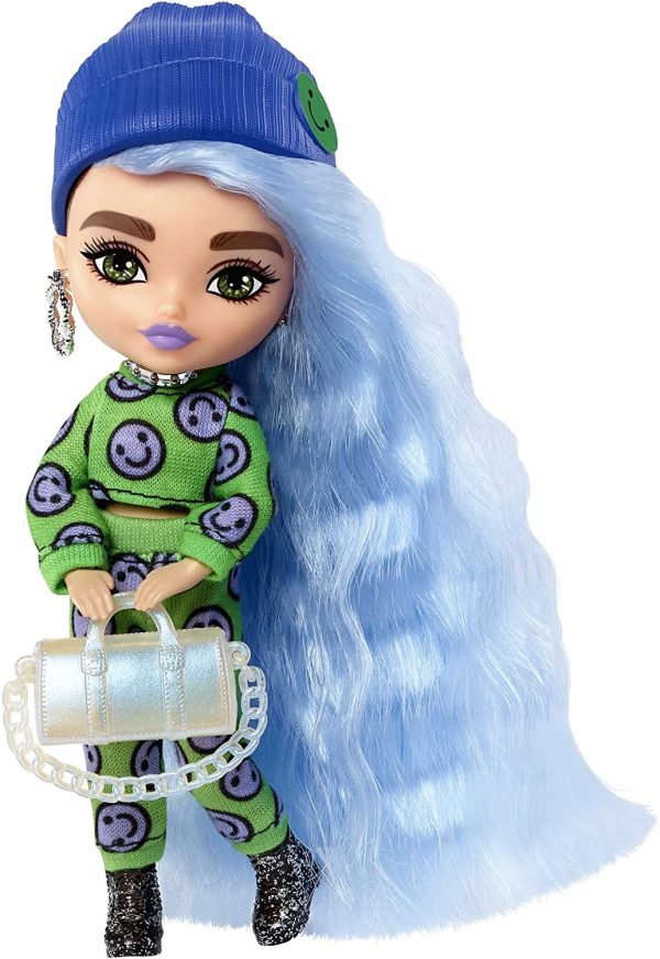 Barbie - Extra Minis Mini Bambola Articolata con Look Felpa e Pantaloni con Emoji e Morbidi Capelli Blu Ghiaccio, Giocattolo per Bambini 3+ Anni, HGP65 - immagine 4