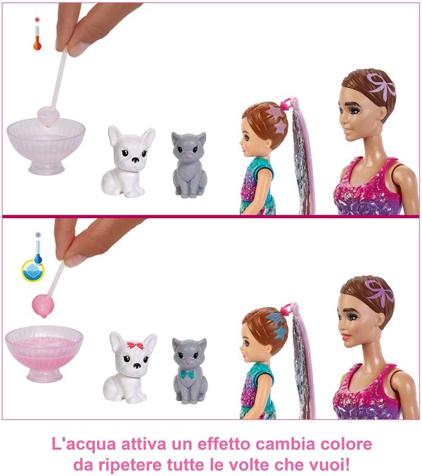 Barbie - Color Reveal Festa a Sorpresa con Bambola Barbie, Bambola Chelsea e 2 Cuccioli Color Reveal, Oltre 50 Accessori a Tema Festa da Ballo, Giocattolo per Bambini 3+Anni, GXJ88 - immagine 4