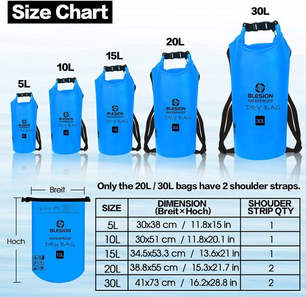 Borse Impermeabile, Sacca Impermeabile, Dry Bag 5L 10L 15L 20L 30L con Tracolla Regolabile per Spiaggia Sport d'Acqua Trekking Kayak Canoa Pesca Rafting Nuoto Campeggio (Blu, 5L)