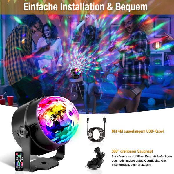 Luci Discoteca, 7 RGB Colori Musica Attivata Luce Discoteca Palla con 4 M Cavo USB, Telecomando, Rotazione a 360?? Lampada da Discoteca per Natale, Feste, Bar, Club, Car, Regalo per Bambini - immagine 3