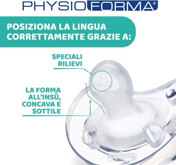 Chicco PhysioForma Ciuccio in Silicone 16-36 Mesi, 1 Pezzo - Gommotto Morbido e Delicato, Supporta la Respirazione Fisiologica e Favorisce il Corretto Sviluppo della Bocca, Trasparente - immagine 2