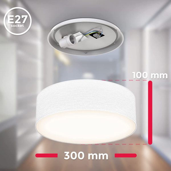 Plafoniera in tessuto bianco, attacco per lampadina E27 non inclusa, Lampada da soffitto diametro 30cm, Lampadario moderno per salotto o camera da letto, IP20