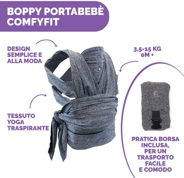 Boppy ComfyFit Marsupio Neonato Ergonomico per Beb?? e Bambini dalla Nascita a 15 kg, Fascia Porta Beb?? Semplice da Indossare, Fascia Neonato Fronte Mamma con Supporto per Testa e Collo - Grigio - immagine 3