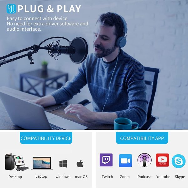 Microfono a Condensatore, Microfono Cardioid per Podcasting, Voice Over, Streaming, YouTube, per Computer Desktop Laptop MAC o Windows per Android iOS, USB Microfono di Registrazione a Condensatore - immagine 2