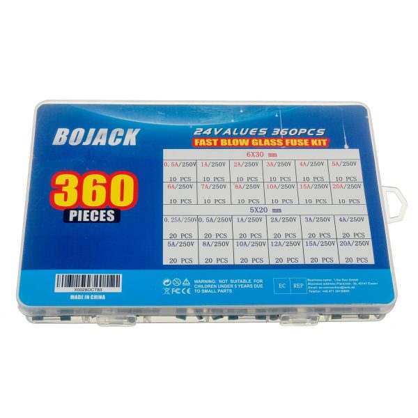 BOJACK 24 Valori 360 pezzi Kit di classificazione dei fusibili in vetro a fusione rapida 250V 5x20mm 6x30mm 0.25 0.5 1 2 3 4 5 6 7 8 10 12 15 20A packag in una scatola di plastica trasparente - immagine 6