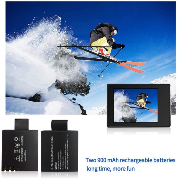 Action Camera 1080P 30fps, Fotocamera Subacquea impermeabile 30M, Sports Cam con due 900mAh Batterie Ricaricabili e Kit Accessori - immagine 4