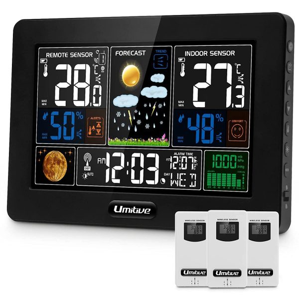 Umitive Stazione Meteo con 3 Sensore Esterno Interno, Meteorologica Display a Colori con Allarme, Temperatura, umidit??, Data, Barometrico, Previsioni di Tempo, Sveglia e Fase Lunare - immagine 7