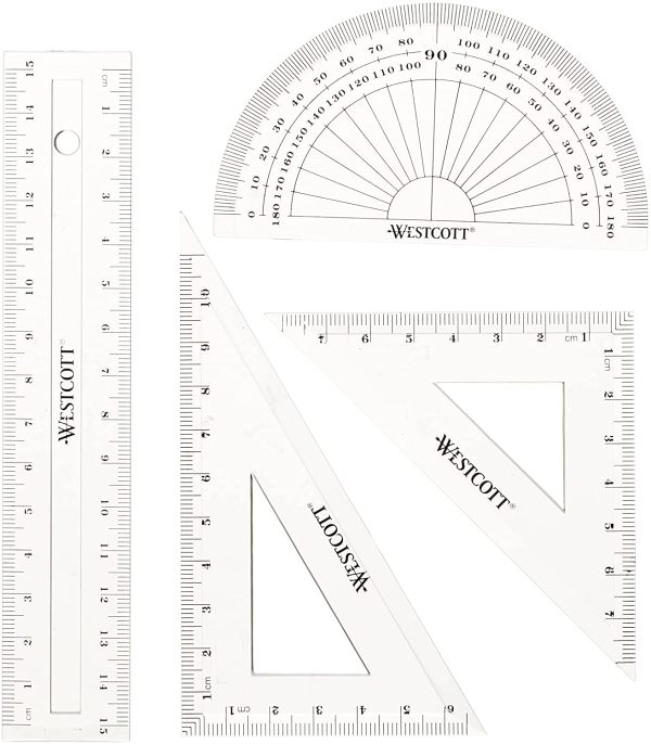 Westcott E-10303 00 Set matematica, 4 pezzi, plastica, trasparente, righello da 15 cm e goniometro - immagine 4