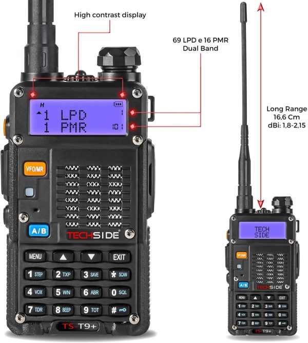 TECHSIDE MOD. POTENTE 8W | Tri-Power | Radio TS-T9+ Dual Band Vhf/Uhf | COMPATIBILE BAOFENG canali PREINSTALLATI MIDLAND G7 Pro G9 TI-F8+ PMR446 LPD SoftAir Vigilanza Trekking | Premium| Garanzia ITA - immagine 2