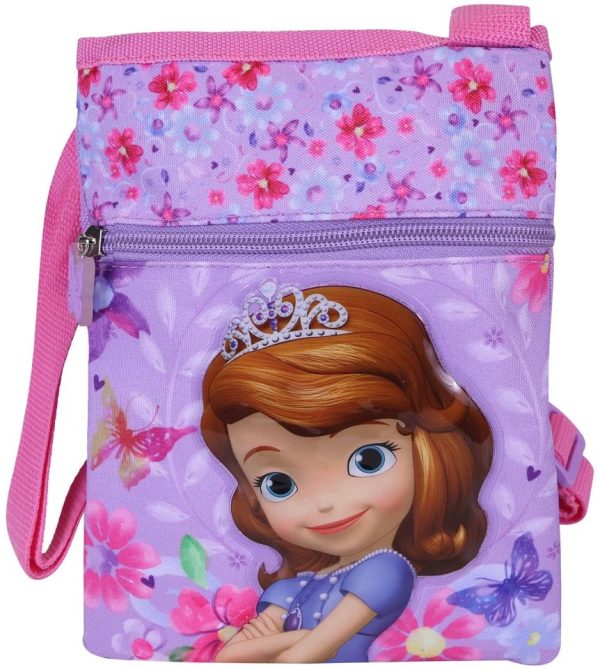 Borsa Tracolla Piatta Rosa Sofia La Principessa da Bambina - Pratica Tracollina Messenger con Farfalle e Fiori su Sfondo Viola - Borsetta Regolabile da Viaggio e Tempo Libero - 17x21 cm - Perletti