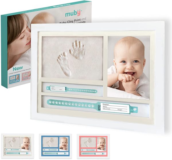 MUBY, CORNICE IMPRONTE NEONATO mani e piedi e PORTA BRACCIALI DI NASCITA |3 Passepartout inclusi| Idea Regalo nascita e battesimo bambino e bambina, Cornice da Tavolo e da Parete, Kit impronte neonato - immagine 4