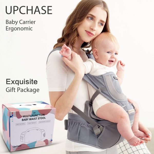 Upchase Marsupio Neonati Ergonomico, 6 in 1-Multifunzione Porta Beb??, con Cappuccio Rimovibile, con Sedile, Puro Cotone Leggero e Traspirante, Multiposizione:Dorsale, Ventrale, (0-36 mesi) Grigio